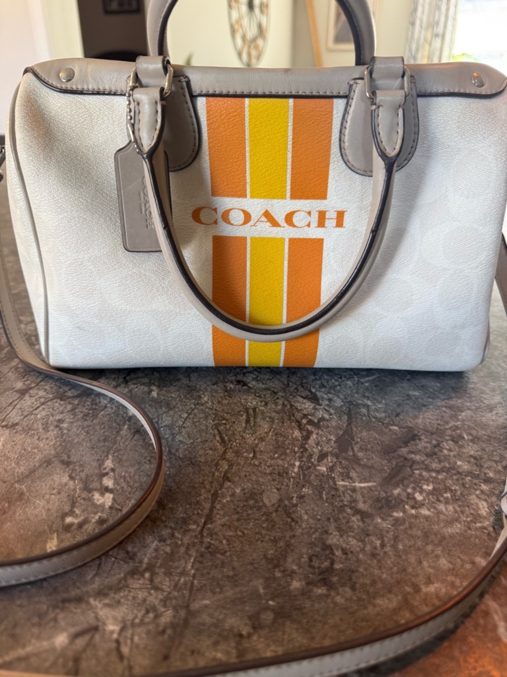 Coach White Satchel with Orange and Yellow Stripe